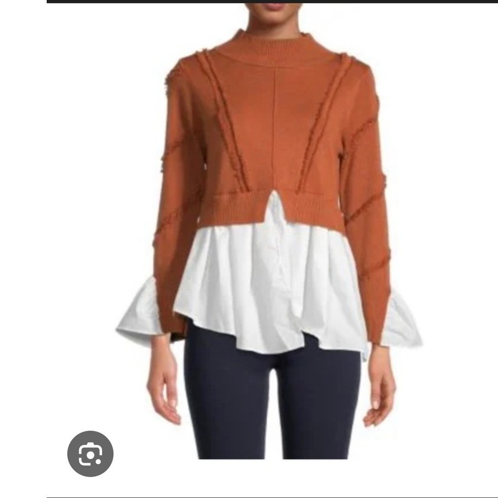 Avantlook NEW Brown White Mixed Media‎ Fringe Sweater Peplum Top ALFWTP21004 S